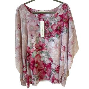 G Collection Women's Blouse 2X Pink Floral Beaded Flutter Sleeve Business Casual